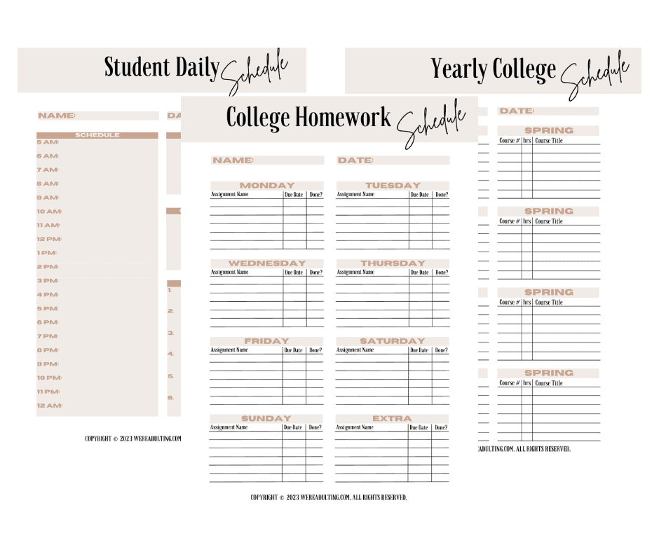 Yearly Daily Homework College Schedule Printables For Students